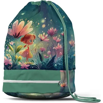 Panel se střihem na sportovní vak rusovláska pod velkou květinou