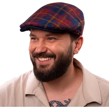 Čepice Fiebig - Headwear since 1903 Pánská zimní tvídová vlněná bekovka s modrým koženým kšiltem - Fiebig Velikost: 61 cm (XL)