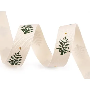 Bavlněná stuha šíře 15 mm vánoční, barva 3 režná světlá stromeček