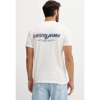 Pánské tričko Bavlněné tričko Tommy Jeans pánské, béžová barva, s potiskem, DM0DM21982 01X, vel. S