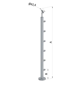Zábradlí Nerezový sloup, vrchní kotvení, 6 řadový průchodný, vrch nastavitelný (ø 42,4x2 mm), leštěná nerez / AISI304