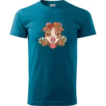 Americký stafordširský teriér hlava s květinami - Klasické pánské triko vyšší gramáže - M ( Petrolejová )