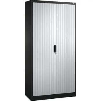 Jednací stůl Žaluziová skříň do kanceláře C+P Omnispace, 1000 x 420 x 1980 mm, černošedá/světle šedá