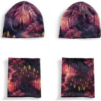 Panel se střihem M funkční úplet set čepice a nákrčník fantasy les