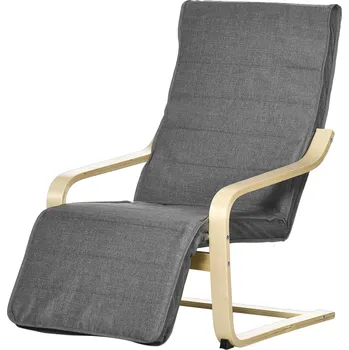 HOMCOM polohovací židle, polohovací židle, polohovací židle s nastavitelnou podnožkou, jídelní židle s lněným vzhledem do obývacího pokoje, březové dřevo, šedá 66,5 x 94 x 100 cm