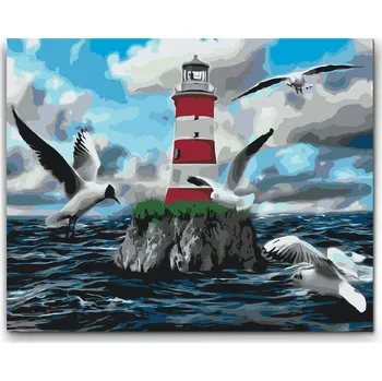 Malování podle čísel - Bílo červený maják a rackové Velikost: 30x40cm, Rámování: Pouze srolované plátno