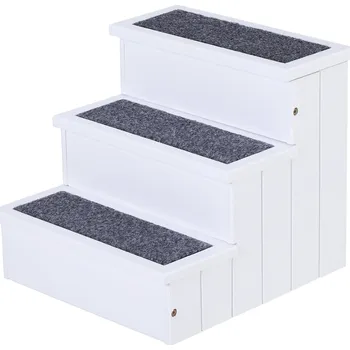 Pelíšek pro psa PawHut schody pro psy s kobercem a úložným prostorem, vstupní pomůcka z borovicového dřeva, bílé, 40,5x44,5x38cm pro malé psy | Aosom.de
