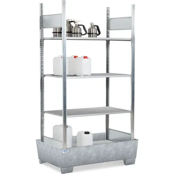 Dílenský regál Regál na malé nádoby, 4 skladovací úrovně, zinkovaná záchytná vana, 1236 x 816 x 2100 mm