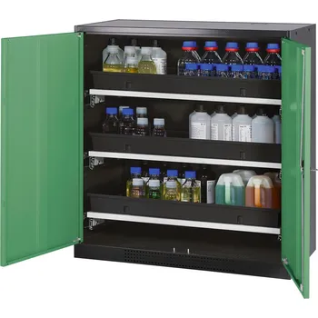 Skříň na chemikálie Systema CS-103, korpus antracitové barvy, křídlové dveře zelené, 3 výsuvné vany