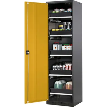 Skříň na chemikálie Systema-T CS-55L, korpus antracitový, křídlové dveře žluté, 5 výsuvných van