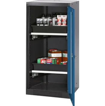 Skříň na chemikálie Systema-T CS-52RG, korpus antracitový, křídlové dveře modré, 2 výsuvné vany