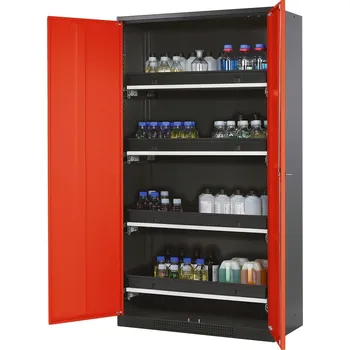 Skříň na chemikálie Systema CS-104, korpus antracit. barvy, křídlové dveře červené, vč. 4 výsuv. van