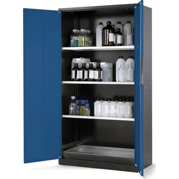 Skříň na chemikálie Systema CS-103, korpus antracit.,křídl. dveře modré,3 vlož. police a podl. vana
