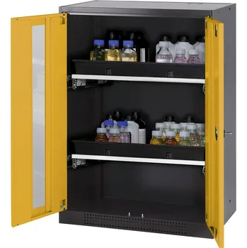 Skříň na chemikálie Systema CS-82G, korpus antracitové barvy, křídlové dveře žluté, 2 výsuv. vany