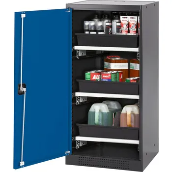 Skříň na chemikálie Systema CS-53L, dveřní závěs vlevo, dveře modré, 3 výsuvné vany