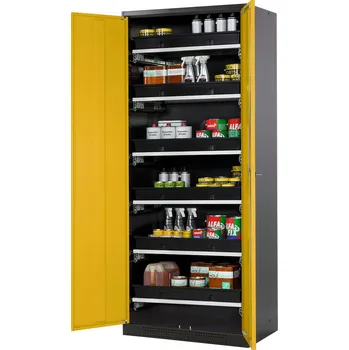 Skříň na chemikálie Systema CS-86, korpus antracitové barvy, křídlové dveře žluté, 6 výsuvných van