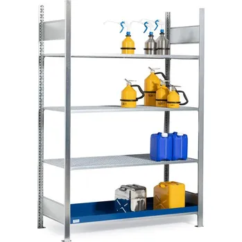 Dílenský regál Regál na malé nádoby, základní pole, 3 mřížové rošty, lakovaná záchytná vana, 1360 x 637 x 2000 mm