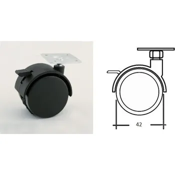 Pojezdové kolečko Kolečko plast s plot. 42mm černé s brzdou, 25kg