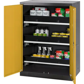 Skříň na chemikálie Systema CS-83, korpus antracitový, dvoukřídlé dveře žluté, 3 výsuvné vany