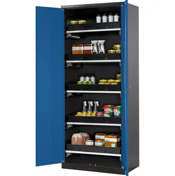 Skříň na chemikálie Systema-T CS-85, korpus antracitový, křídlové dveře modré, 5 výsuvných van