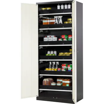 Skříň na chemikálie Systema CS-86, korpus antracitové barvy, křídlové dveře bílé, 6 výsuvných van