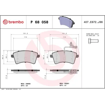 Autodíl Sada brzdových destiček, kotoučová brzda BREMBO P 68 058