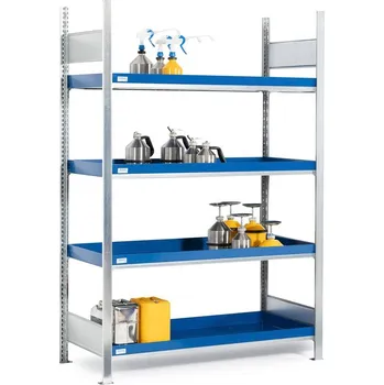 Dílenský regál Regál na malé nádoby, základní pole, 4 lakované záchytné vany, 1360 x 437 x 2000 mm