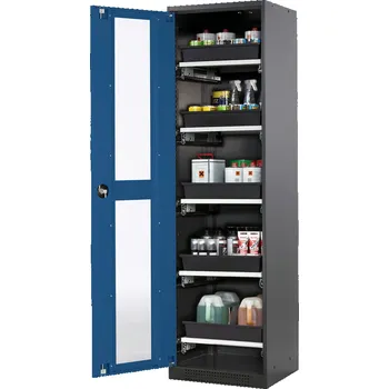 Skříň na chemikálie Systema-T CS-55LG, korpus antracitový, křídlové dveře modré, 5 výsuvných van