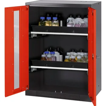 Skříň na chemikálie Systema CS-82G, dvoukřídlé prosklené dveře červené, 2 výsuvné vany