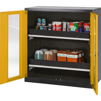 Skříň na chemikálie Systema CS-102G, korpus antracitové barvy, křídlové dveře žluté, 2 výsuvné vany