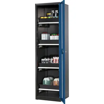 Skříň na chemikálie asecos Systema-T CS-54RG, korpus antracit, křídlové dveře modré, 4 výsuvné vany