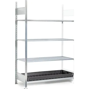 Dílenský regál Regál na malé nádoby, nástavné pole, 3 mřížové rošty, PE záchytná vana, 1312 x 637 x 2000 mm