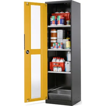 Skříň na chemikálie Systema CS-53LG, korpus antracit,křídl. dveře žluté, 3 vlož. police a podl. vana