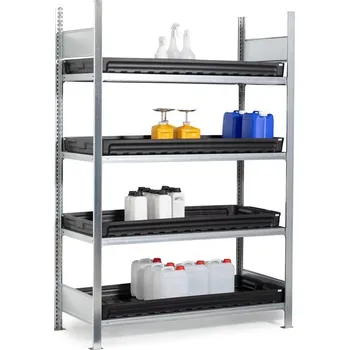 Dílenský regál Regál na malé nádoby, základní pole, 4 plastové záchytné vany, 1360 x 637 x 2000 mm