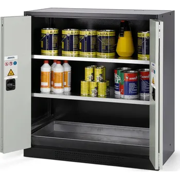 Skříň na chemikálie typ Systema CS-102F, skládací dveře šedé, 2 vložné police a podlahová vana