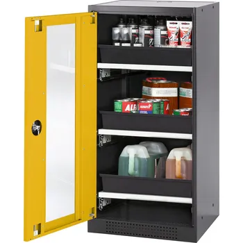 Skříň na chemikálie Systema CS-53LG, dveřní závěs vlevo, prosklené dveře žluté, 3 výsuvné vany