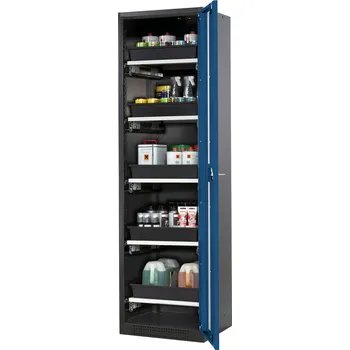 Skříň na chemikálie Systema CS-55RG, dveřní závěs vpravo, prosklené dveře modré, 5 výsuvných van