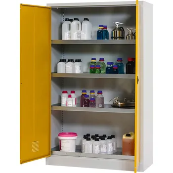 Skříň na chemikálie Tough, typ CS 120-195, korpus šedý / křídlové dveře žluté, 4 záchytné vany
