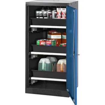 Skříň na chemikálie Systema-T CS-53R, korpus antracitový, křídlové dveře modré, 3 výsuvné vany