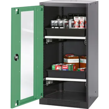 Skříň na chemikálie Systema CS-52LG, dveřní závěs vlevo, prosklené dveře zelené, 2 výsuvné vany