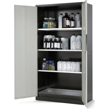 Skříň na chemikálie Systema CS-103, korpus antracit.,křídl. dveře šedé,3 vlož. police a podl. vana