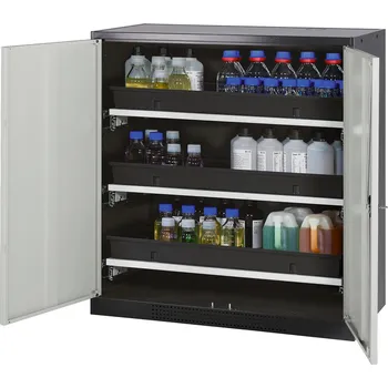 Skříň na chemikálie Systema CS-103, korpus antracitové barvy, křídlové dveře šedé, 3 výsuvné vany