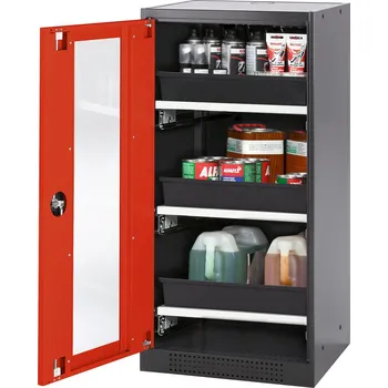 Skříň na chemikálie Systema CS-53LG, dveřní závěs vlevo, prosklené dveře červené, 3 výsuvné vany