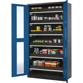 Skříň na chemikálie Systema CS-106G, korpus antracitové barvy, křídlové dveře modré, 6 výsuv. van