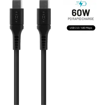 Datový kabel Krátký nabíjecí a datový Liquid silicone kabel FIXED s konektory USB-C/USB-C a podporou PD, 0.5m, USB 2.0, 60W, černý
