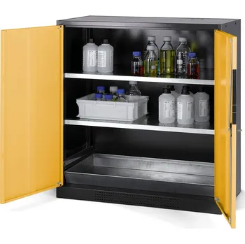 Skříň na chemikálie Systema CS-102, korpus antracit, křídl. dveře žluté, 2 vlož. police a podl. vana