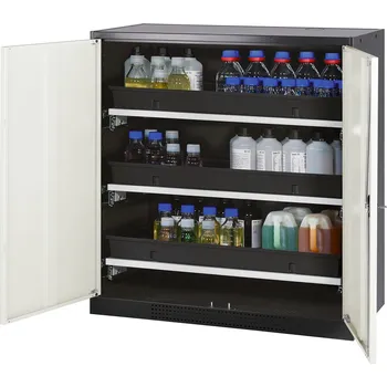 Skříň na chemikálie Systema CS-103, korpus antracitové barvy, křídlové dveře bílé, 3 výsuvné vany