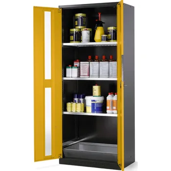 Skříň na chemikálie Systema CS-83G, korpus antracit.,křídl. dveře žluté, 3 vlož. police a podl. vana