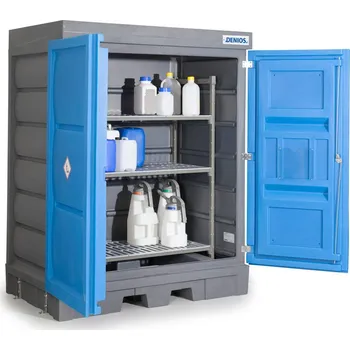 Dílenský regál Depot na nebezpečné látky z PE, dveře, plastový regál na malé nádoby, 1560 x 1080 x 1980 mm