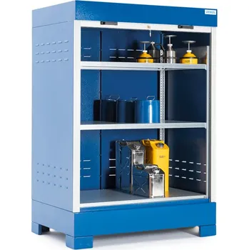 Dílenský regál Depot na nebezpečné látky z oceli, roleta, ocelový regál na malé nádoby, 1400 x 950 x 2020 mm